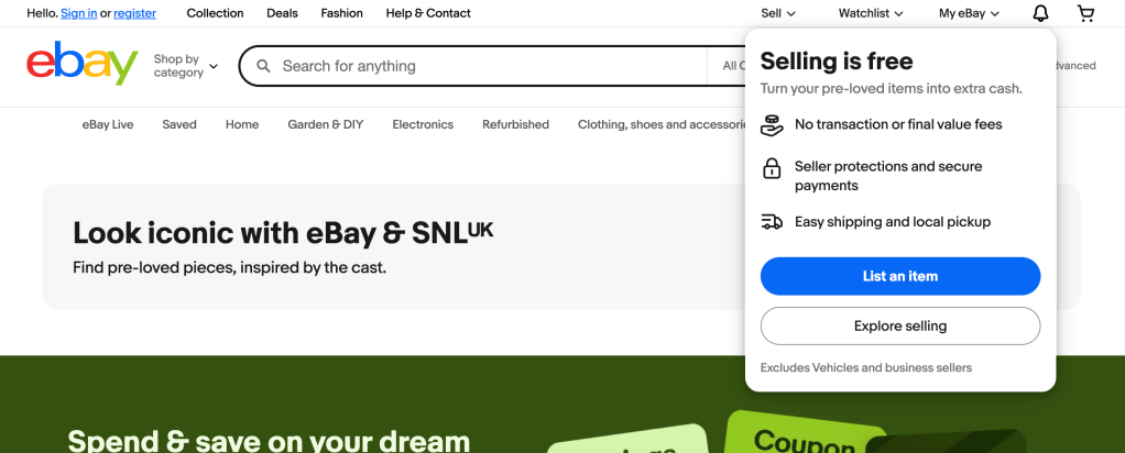 Screenshot of an informational flyout module seen on the eBay homepage when hovering over the "sell" entry point. The flyout shows the core seller acquisition messaging for the Uk. 